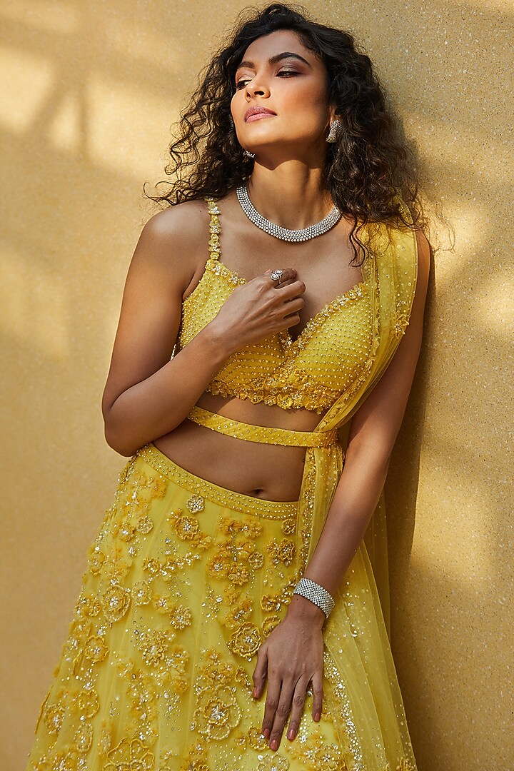 Yellow Embroidered Bridal Lehenga Set by Seema Gujral at Pernia's Pop Up Shop