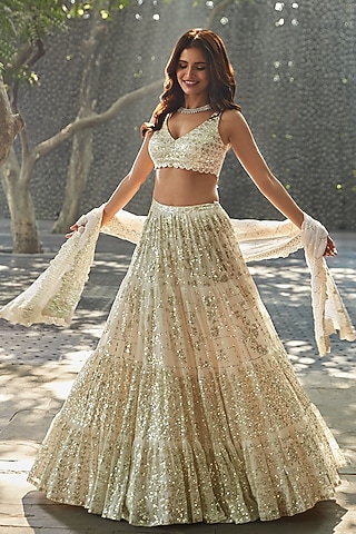 Ivory Sequins Embroidered Lehenga Set by Seema Gujral