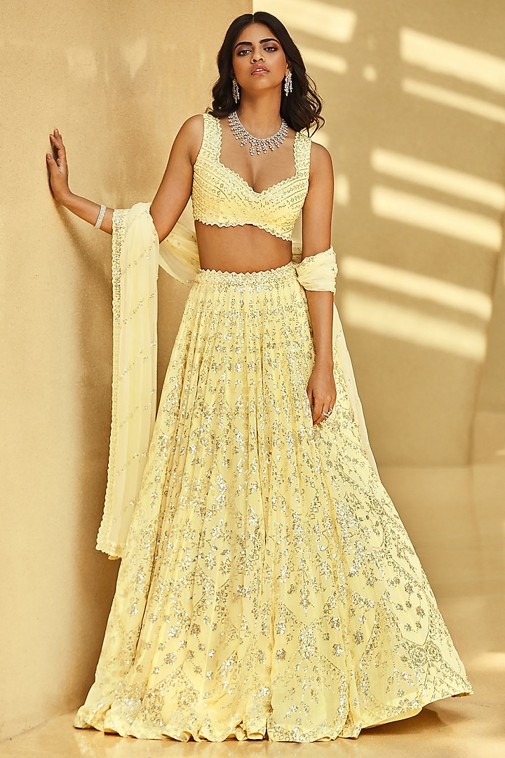 Lime Yellow Embroidered Lehenga Set by Seema Gujral