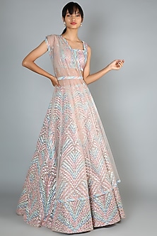 Multi Colored Lehenga Set With Leather Applique Work by Seema Gujral