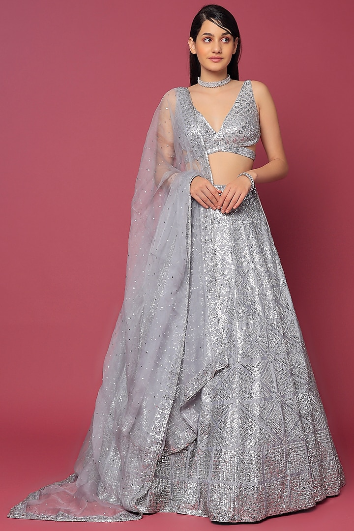 Silver Embroidered Lehenga Set by Seema Gujral