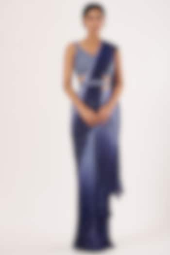 Blue Ombre Pre-Stitched Reception Saree Set by Seema Gujral at Pernia's Pop Up Shop