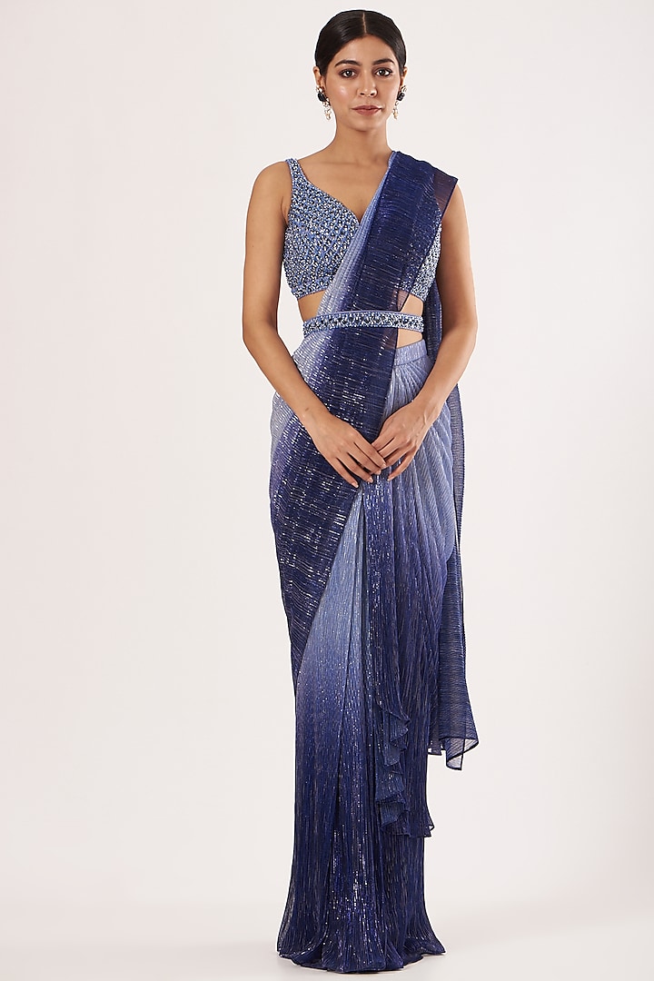 Blue Ombre Pre-Stitched Reception Saree Set by Seema Gujral at Pernia's Pop Up Shop