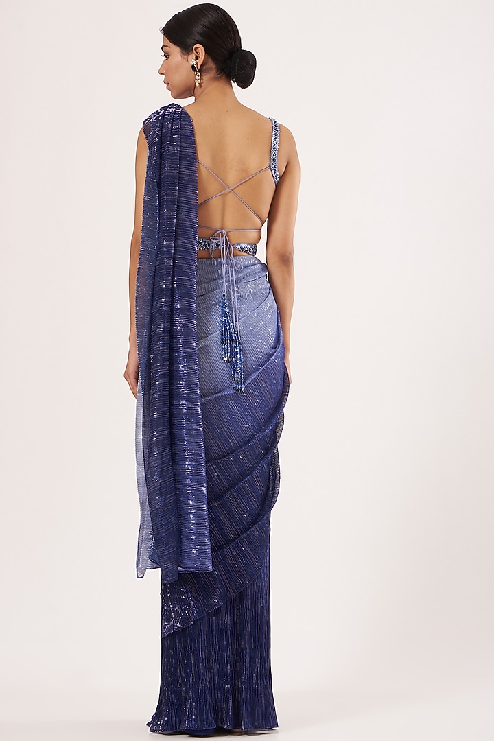 Blue Ombre Pre-Stitched Reception Saree Set by Seema Gujral at Pernia's Pop Up Shop