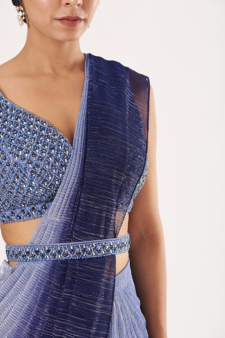Blue Ombre Pre-Stitched Reception Saree Set by Seema Gujral at Pernia's Pop Up Shop