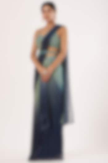 Blue & Pear Green Ombre Pre-Stitched Reception Saree Set by Seema Gujral at Pernia's Pop Up Shop