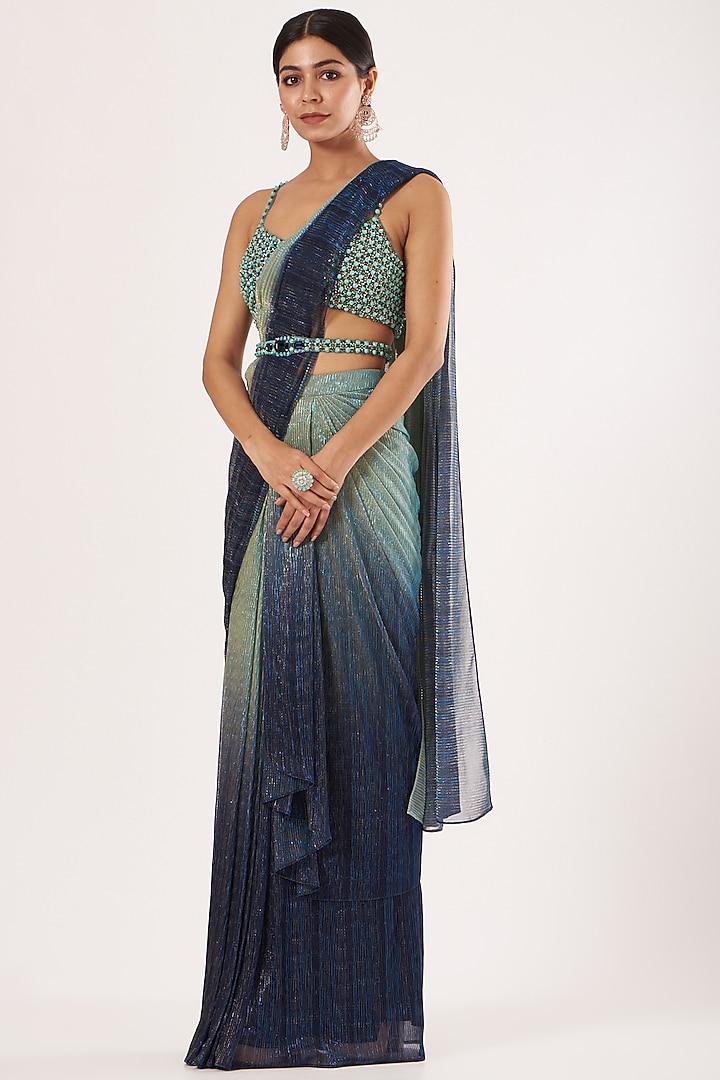 Blue & Pear Green Ombre Pre-Stitched Reception Saree Set by Seema Gujral at Pernia's Pop Up Shop