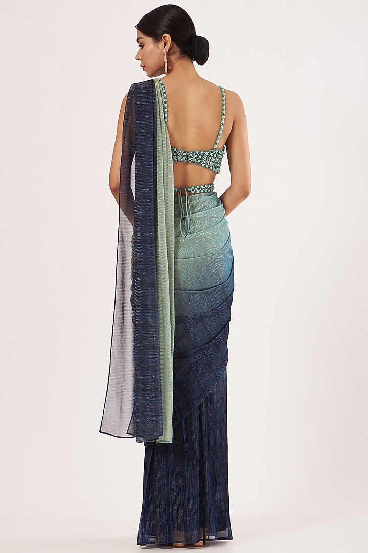 Blue & Pear Green Ombre Pre-Stitched Reception Saree Set by Seema Gujral at Pernia's Pop Up Shop