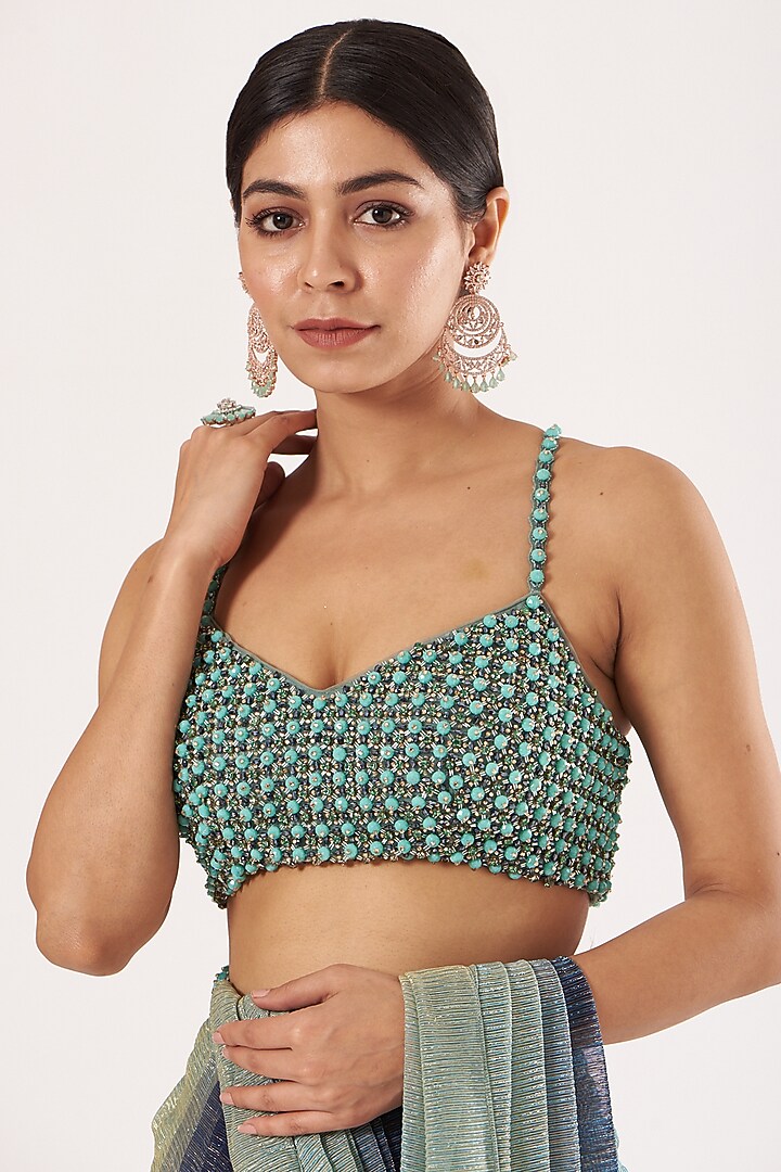 Blue & Pear Green Ombre Pre-Stitched Reception Saree Set by Seema Gujral at Pernia's Pop Up Shop