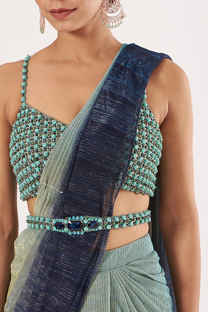 Blue & Pear Green Ombre Pre-Stitched Reception Saree Set by Seema Gujral at Pernia's Pop Up Shop