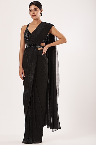 Black Crinkled Lurex Pre-Stitched Saree Set by Seema Gujral