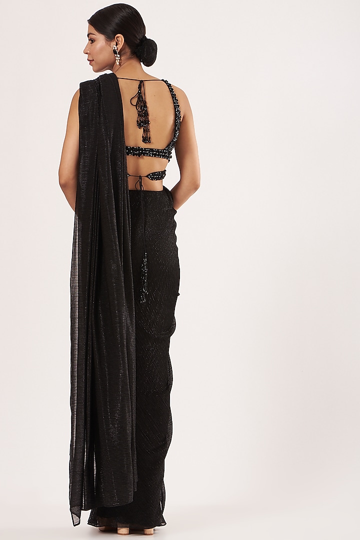 Black Crinkled Lurex Pre-Stitched Wedding Saree Set by Seema Gujral at Pernia's Pop Up Shop