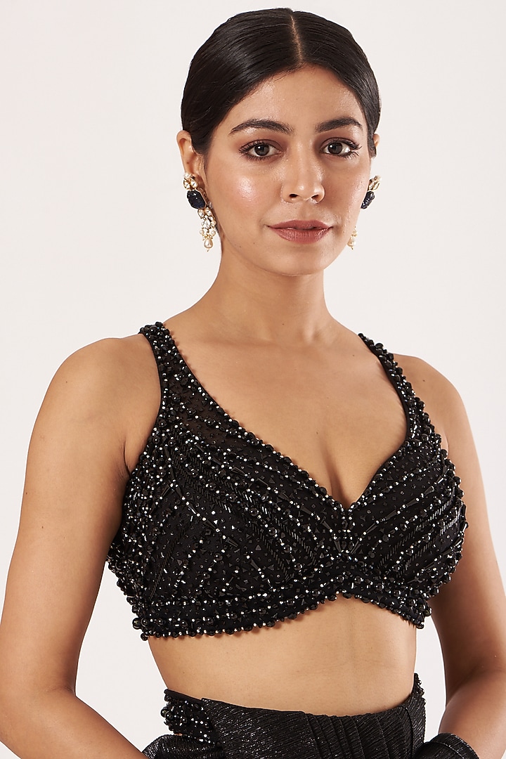 Black Crinkled Lurex Pre-Stitched Wedding Saree Set by Seema Gujral at Pernia's Pop Up Shop