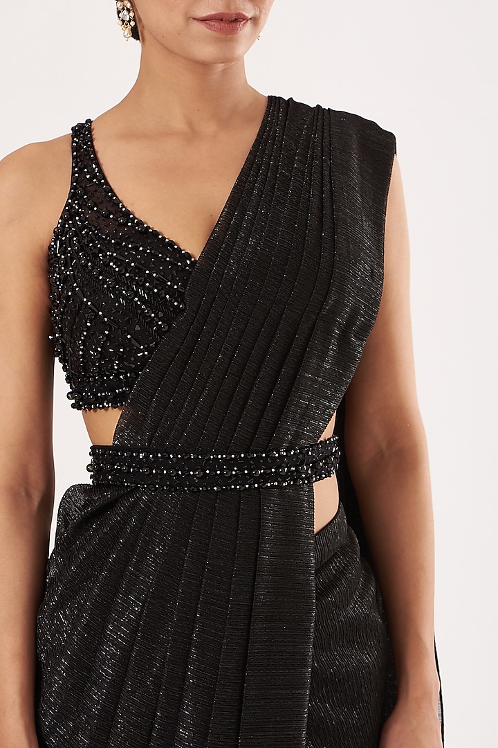 Black Crinkled Lurex Pre-Stitched Wedding Saree Set by Seema Gujral at Pernia's Pop Up Shop