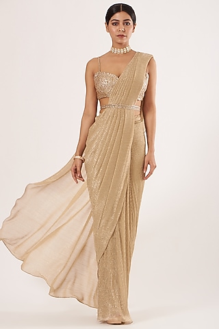 Gold Crinkled Lurex Pre-Stitched Saree Set by Seema Gujral