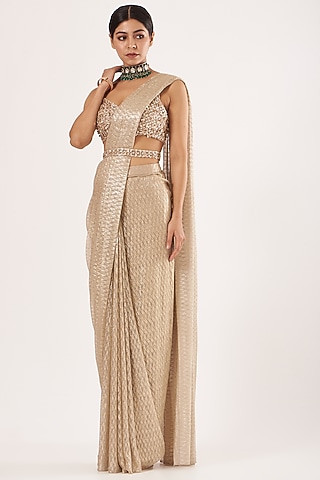 Gold Crinkled Pre-Stitched Saree Set by Seema Gujral