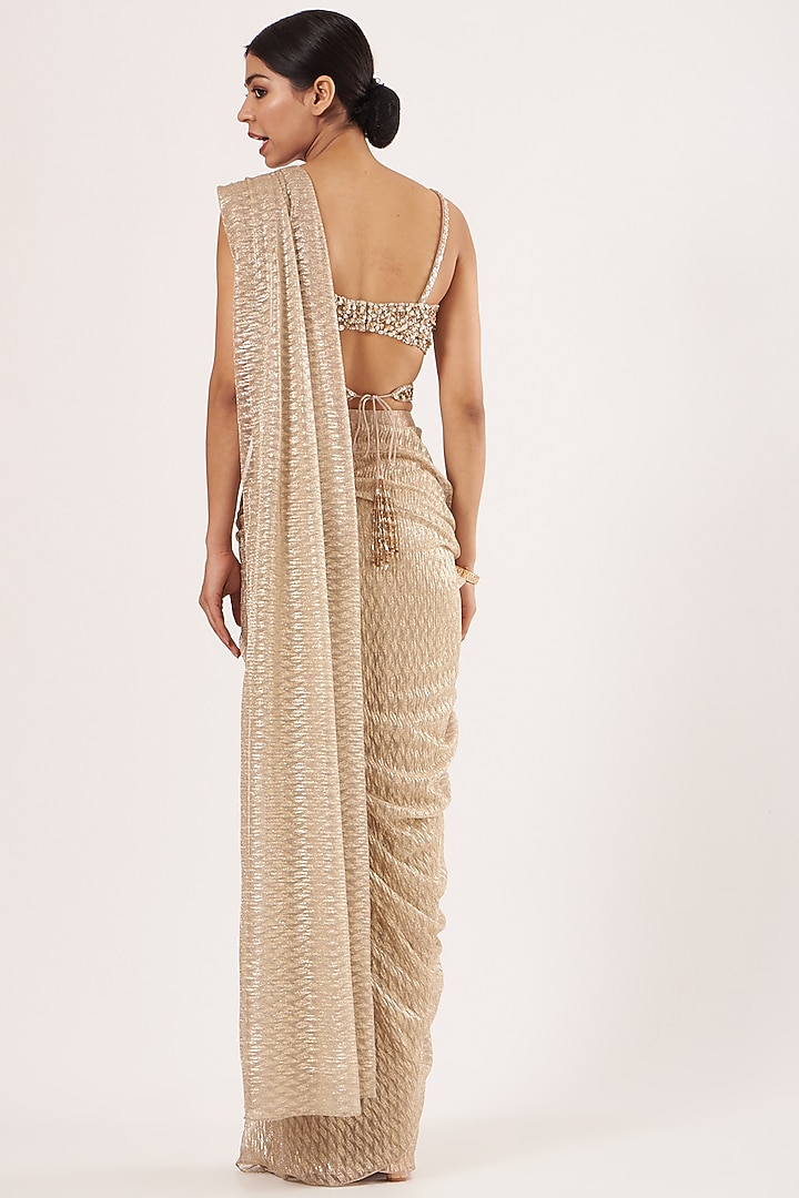 Gold Crinkled Pre-Stitched Wedding Saree Set by Seema Gujral at Pernia's Pop Up Shop