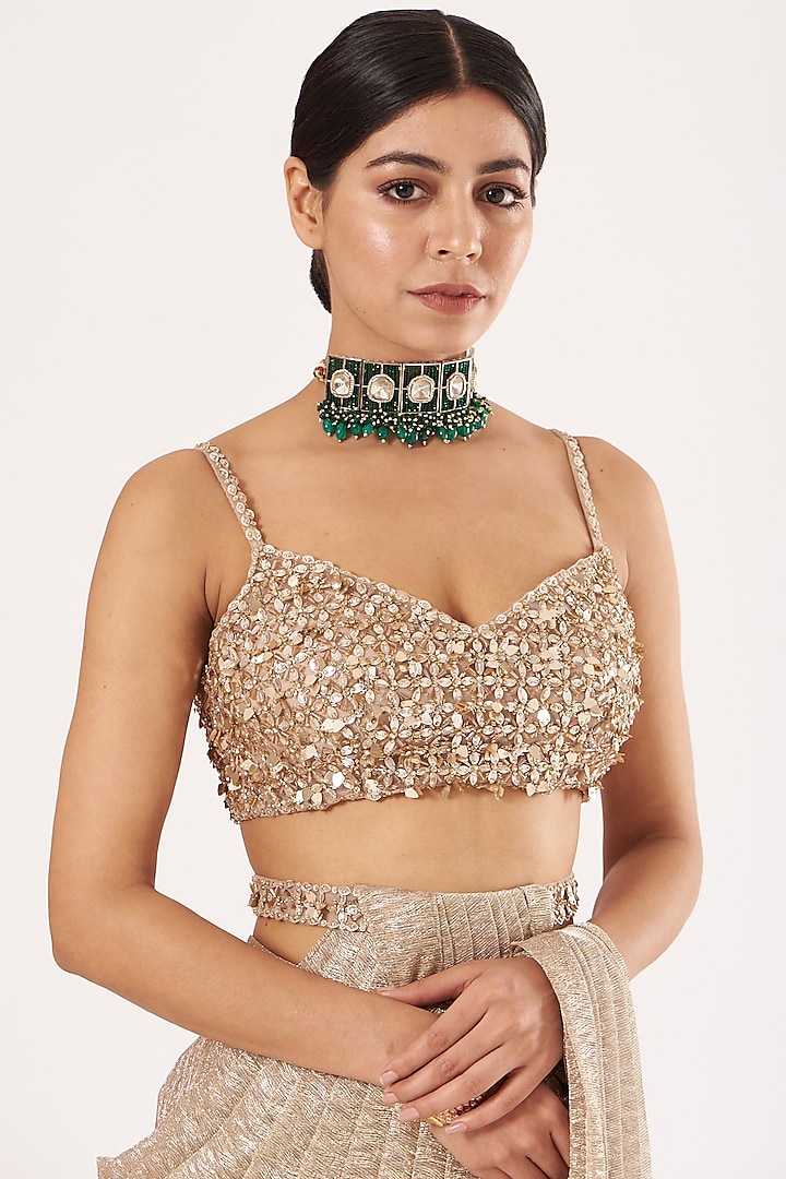 Gold Crinkled Pre-Stitched Wedding Saree Set by Seema Gujral at Pernia's Pop Up Shop