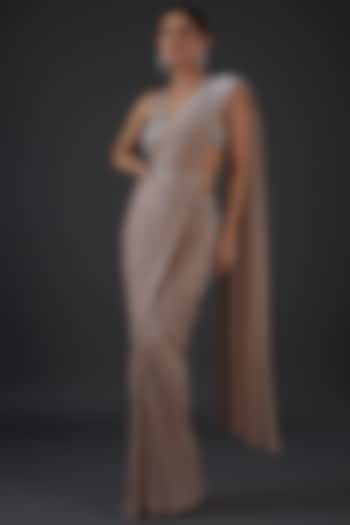 Beige Crinkled Lurex Pre-Draped Wedding Saree Set by Seema Gujral at Pernia's Pop Up Shop