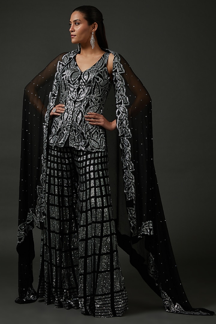Black Georgette Crystal Embroidered Sharara Set by Seema Gujral