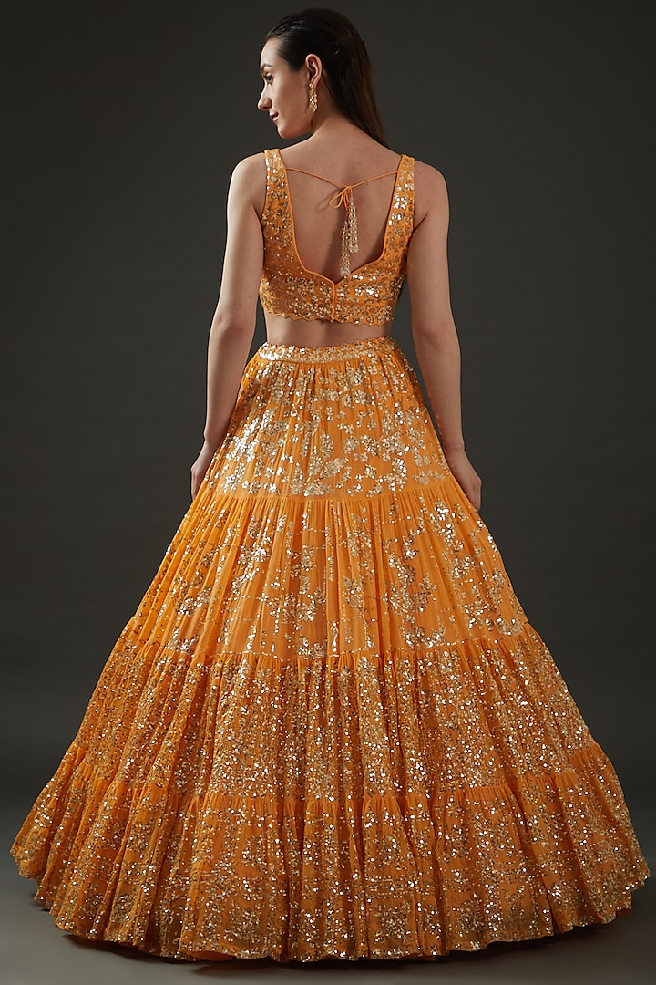 Orange Georgette Sequins Embroidered Wedding Lehenga Set by Seema Gujral at Pernia's Pop Up Shop