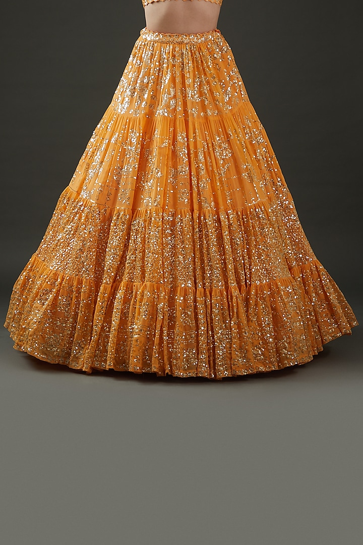 Orange Georgette Sequins Embroidered Wedding Lehenga Set by Seema Gujral at Pernia's Pop Up Shop