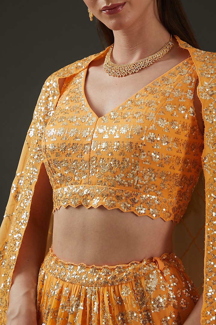 Orange Georgette Sequins Embroidered Wedding Lehenga Set by Seema Gujral at Pernia's Pop Up Shop