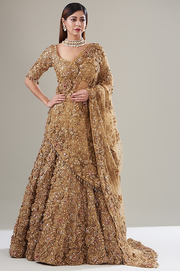 Gold Net Sequins Embroidered Bridal Lehenga Set by Seema Gujral at Pernia's Pop Up Shop