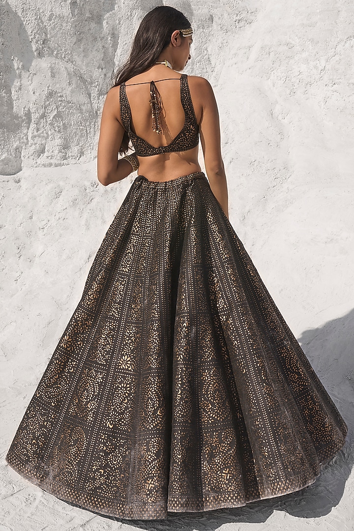 Black Tissue Cutwork Bridal Lehenga Set by Seema Gujral at Pernia's Pop Up Shop