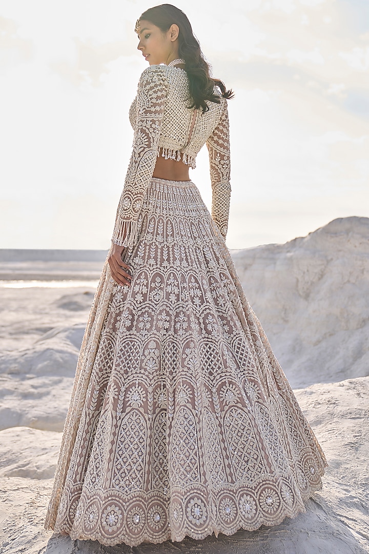 Nude Net Pearl Embroidered Bridal Lehenga Set by Seema Gujral at Pernia's Pop Up Shop