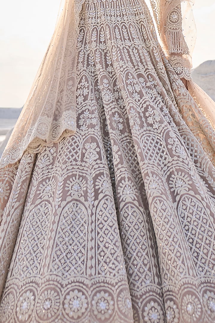 Nude Net Pearl Embroidered Bridal Lehenga Set by Seema Gujral at Pernia's Pop Up Shop