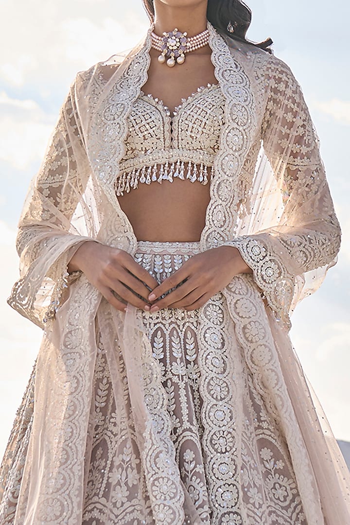 Nude Net Pearl Embroidered Bridal Lehenga Set by Seema Gujral at Pernia's Pop Up Shop