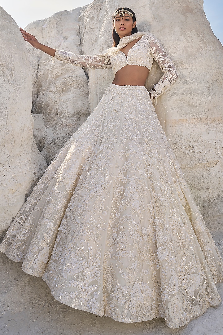 Cream Net Pearl Embroidered Bridal Lehenga Set by Seema Gujral at Pernia's Pop Up Shop