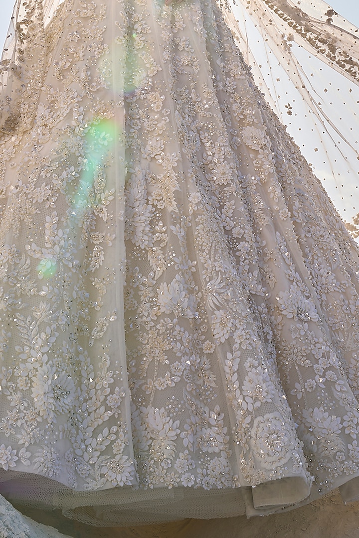 Cream Net Pearl Embroidered Bridal Lehenga Set by Seema Gujral at Pernia's Pop Up Shop