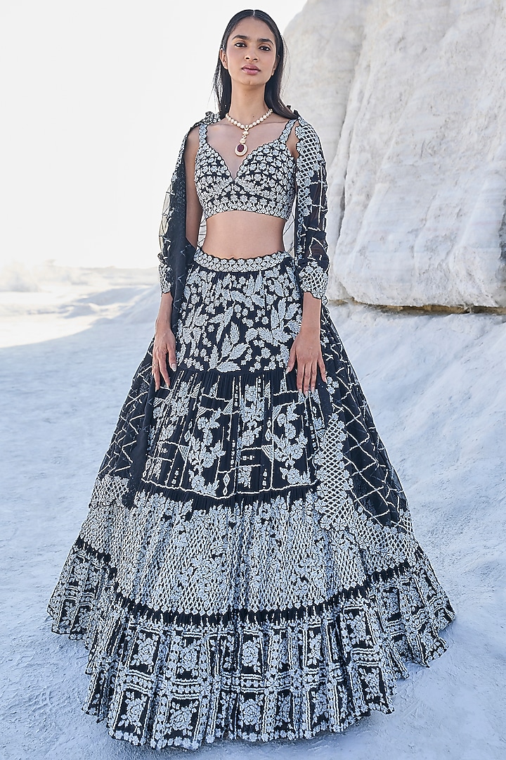 Black Georgette Sequins Embroidered Lehenga Set by Seema Gujral