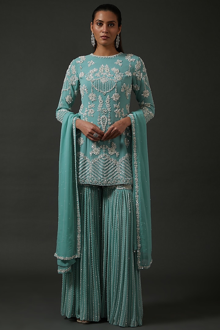 Blue Georgette Embroidered Gharara Set by Seema Gujral