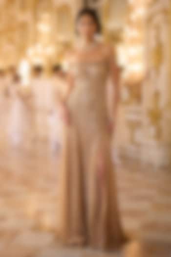 Gold Net Sequins Embroidered Off-Shoulder Bridal Gown by Seema Gujral at Pernia's Pop Up Shop