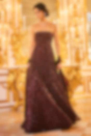 Wine Net Sequins Embroidered Strapless Bridal Gown by Seema Gujral at Pernia's Pop Up Shop