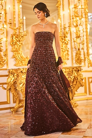 Wine Net Sequins Embroidered Strapless Gown by Seema Gujral