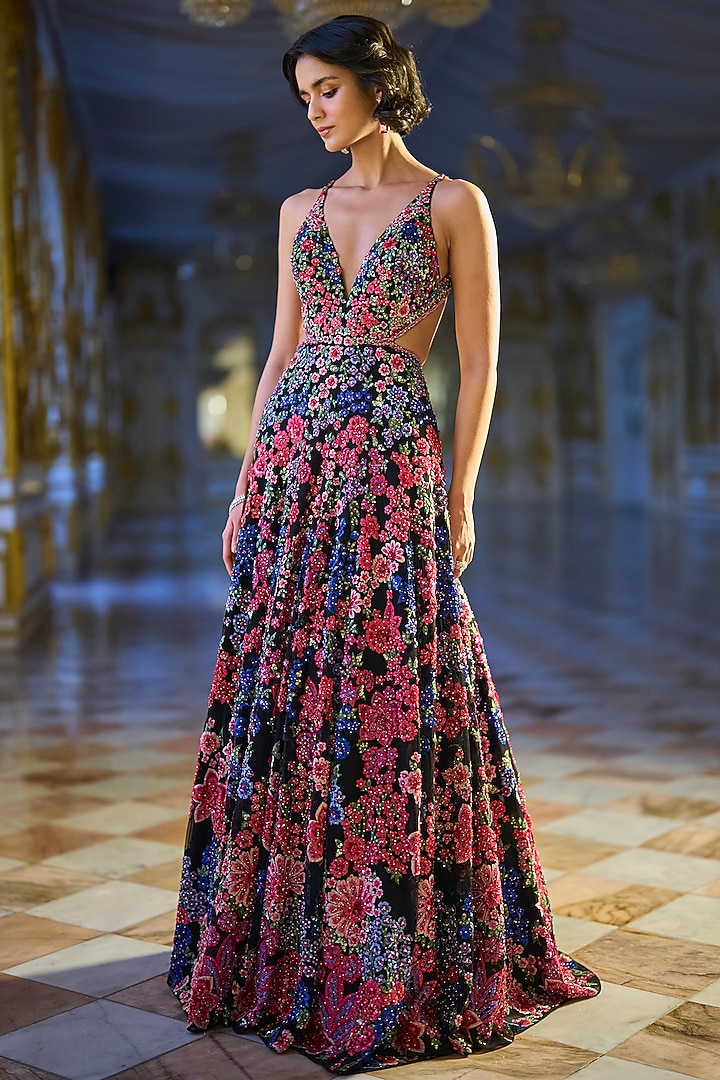 Multi-Colored Net Floral Thread Embroidered Bridal Gown by Seema Gujral at Pernia's Pop Up Shop