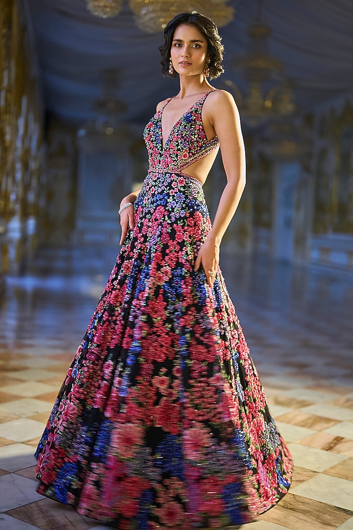 Multi-Colored Net Floral Thread Embroidered Bridal Gown by Seema Gujral at Pernia's Pop Up Shop