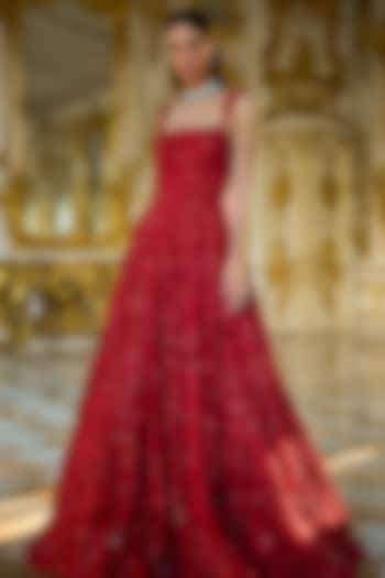 Red Net Sequins & Crystal Embroidered Bridal Gown by Seema Gujral at Pernia's Pop Up Shop