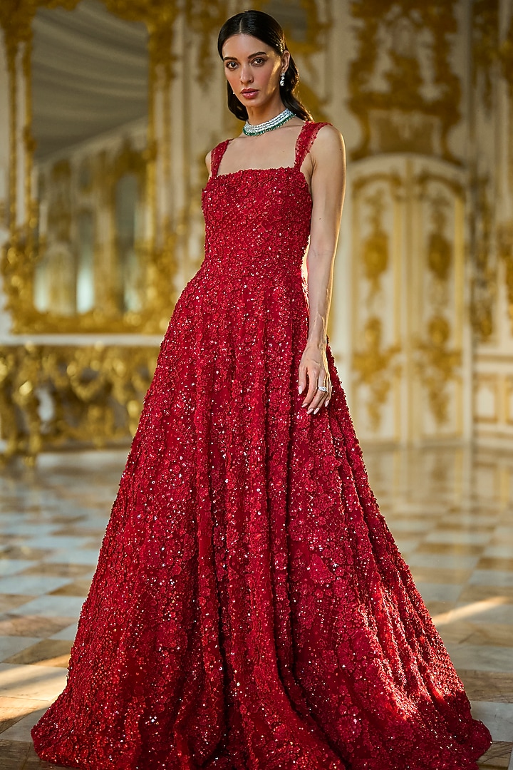 Red Net Sequins & Crystal Embroidered Bridal Gown by Seema Gujral at Pernia's Pop Up Shop