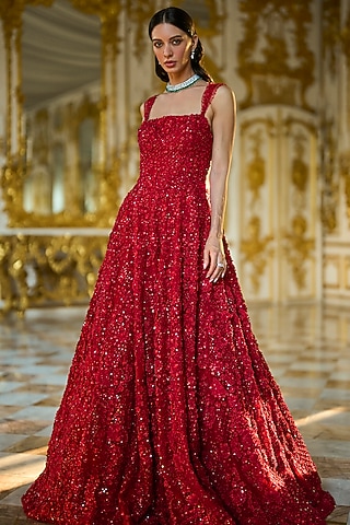 Red Net Sequins & Crystal Embroidered Gown by Seema Gujral