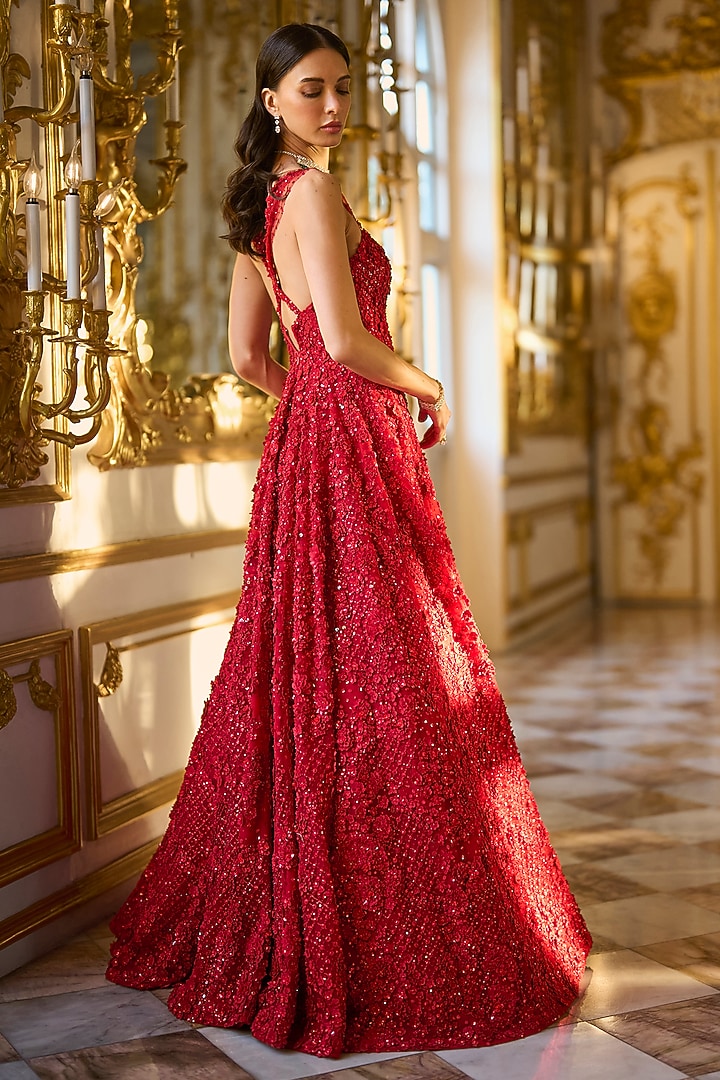 Red Net Sequins & Crystal Embroidered Bridal Gown by Seema Gujral at Pernia's Pop Up Shop