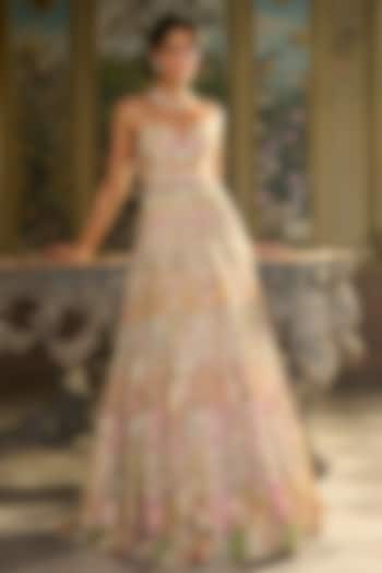 Nude Net Floral Thread Embroidered Bridal Gown by Seema Gujral at Pernia's Pop Up Shop