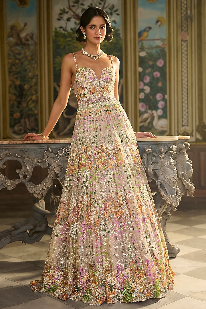 Nude Net Floral Thread Embroidered Bridal Gown by Seema Gujral at Pernia's Pop Up Shop