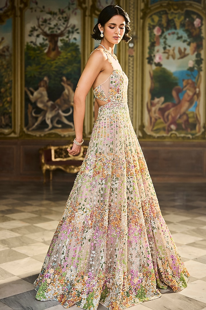 Nude Net Floral Thread Embroidered Bridal Gown by Seema Gujral at Pernia's Pop Up Shop