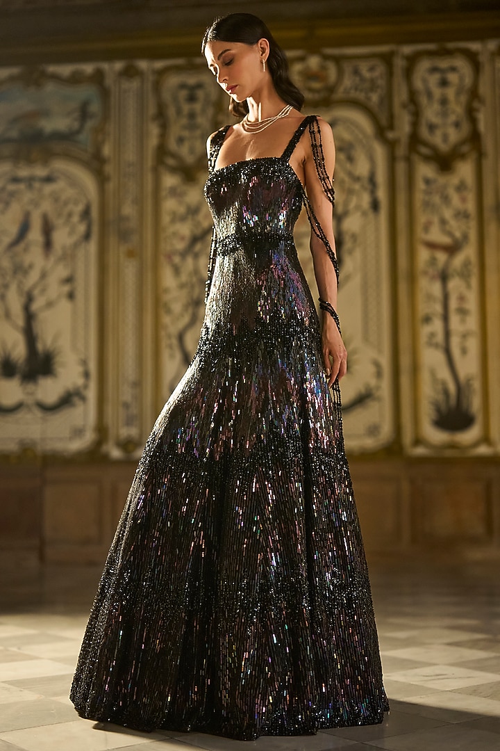 Black Net Sequins & Tassels Embroidered Bridal Gown by Seema Gujral at Pernia's Pop Up Shop