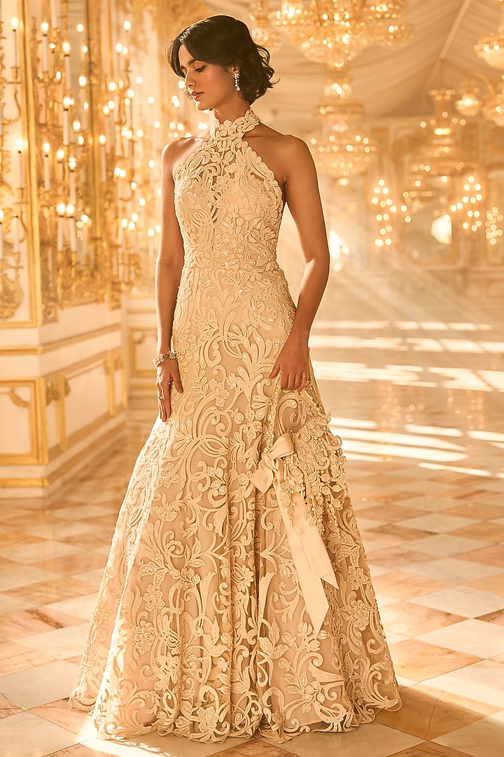 Nude Net Sequins & Thread Embroidered Bridal Gown by Seema Gujral at Pernia's Pop Up Shop